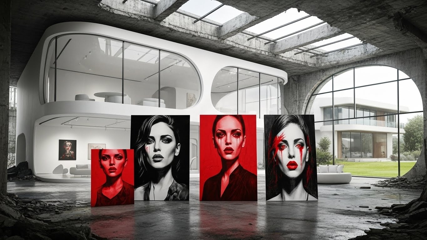 The camera is coming from the right side top. There are 7 artworks of the women in the walls placed randomly on the 3d futuristic architecture. The exterior is futuristic and round 3d architectural. There are red interior design elements on the picture. These artworks are some red, some stunning gray. The artworks are in different sizes. Camera is moving from the exterior to interior. The exterior is futuristic AI 3D arcitectural imaging. Be creative.