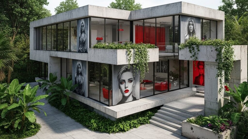 The camera is coming from the right side top. There are 7 artworks of the women in the walls placed randomly on the 3d futuristic architecture. The exterior is futuristic and round 3d architectural. There are red interior design elements on the picture. These artworks are some red, some stunning gray. The artworks are in different sizes. Camera is moving from the exterior to interior. The exterior is futuristic AI 3D arcitectural imaging. Be creative. The house has corners and the overall design is box like house. There are people walking inside and outside the house talking. The nature sounds and music is playing and the birds are flying over house.